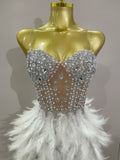 Luxury Sparkle Rhinestone White Feather Sexy Mesh Long Dress Women Evening Party Birthday Performance Photoshoot Costume