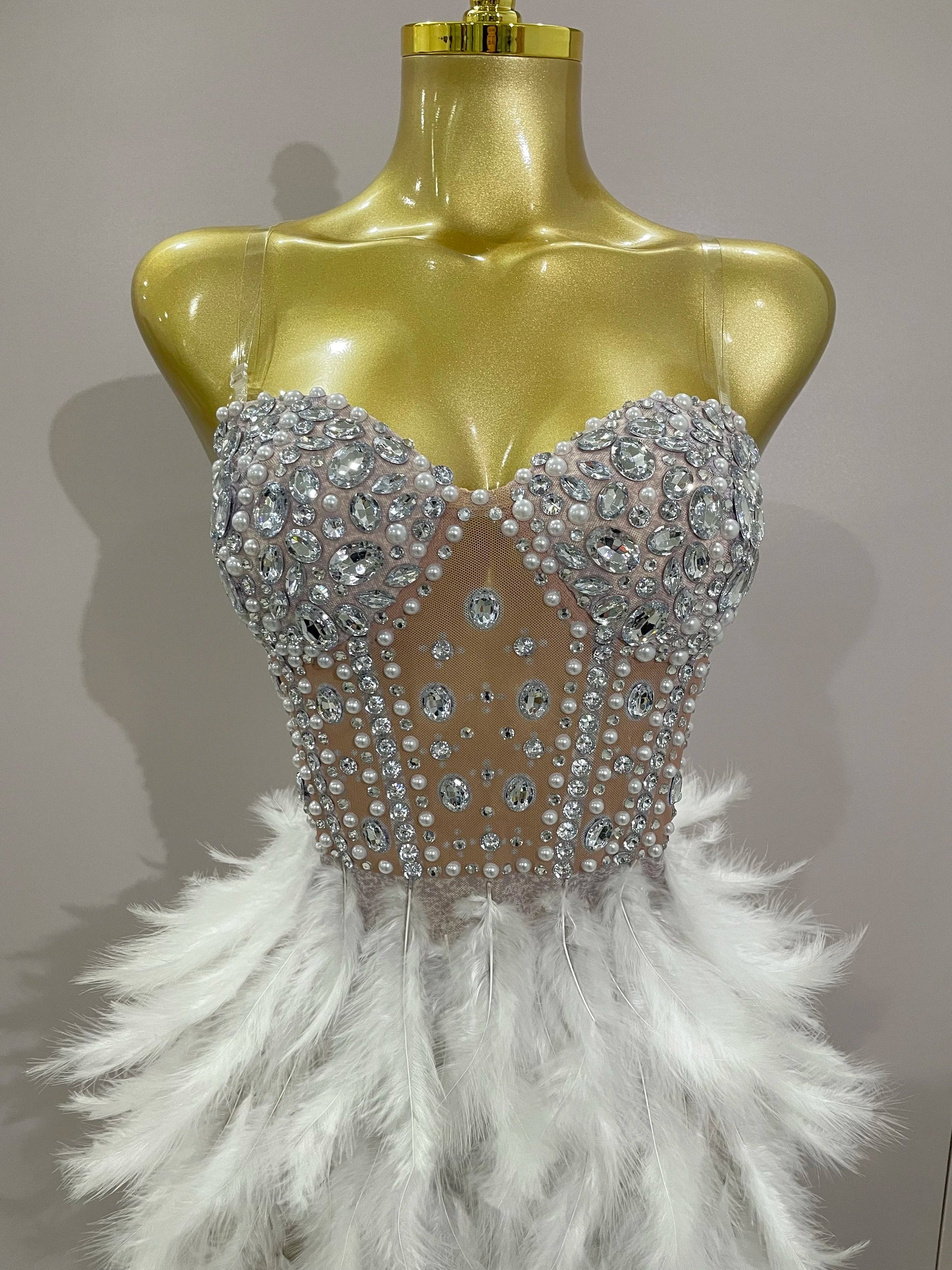Luxury Sparkle Rhinestone White Feather Sexy Mesh Long Dress Women Evening Party Birthday Performance Photoshoot Costume