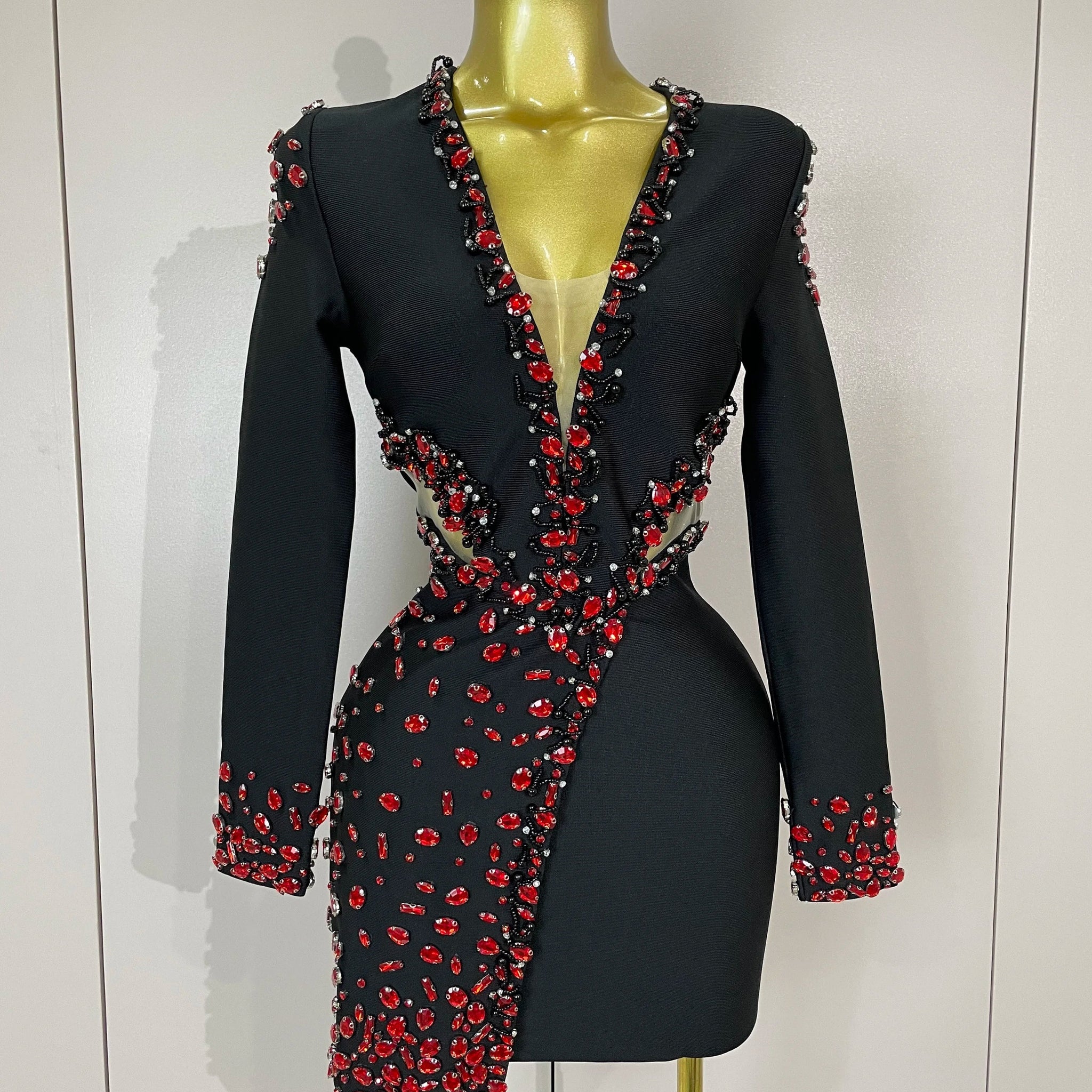 Women Celebrity Sexy Long Sleeve V Neck Rhinestone Black Bandage Dress Elegant Evening Club Luxury Birthday Party Dresses black