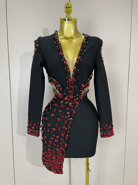 Women Celebrity Sexy Long Sleeve V Neck Rhinestone Black Bandage Dress Elegant Evening Club Luxury Birthday Party Dresses black