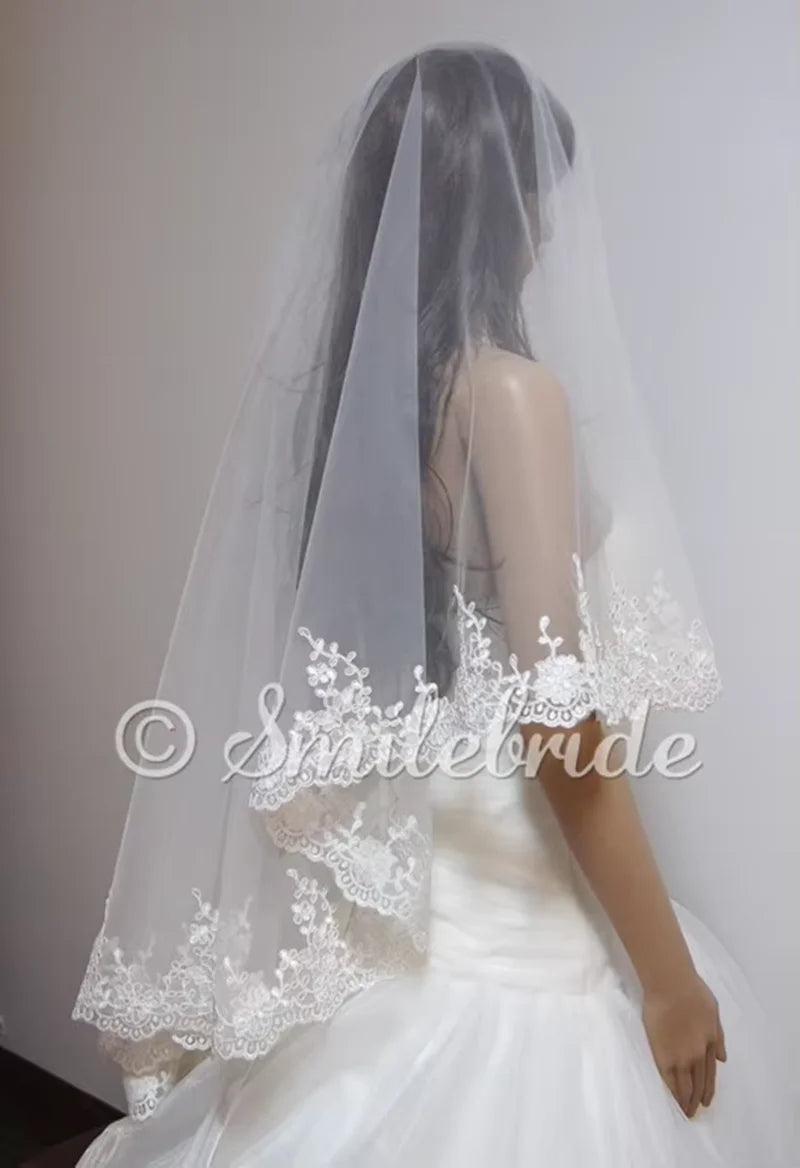 One layer 65" (165cm) Lace Wedding Veil No Comb Ivory
