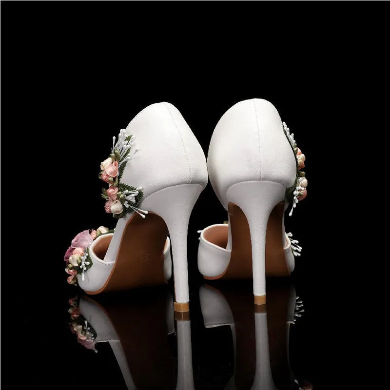2025 Fashion Flowers Leaf Satin Mary Janes Women Pumps Spring Autumn Elegant Pointed toe Thin High heels Wedding Bridal Shoes
