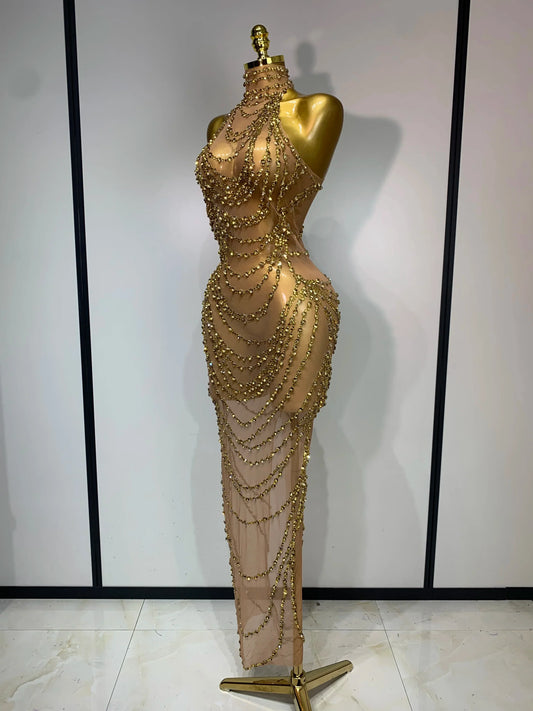 Sparkly Rhinestone Sexy Transparent Mesh Long Dress Women Luxury Birthday Club Party Gown Stage Singer Performance Costume