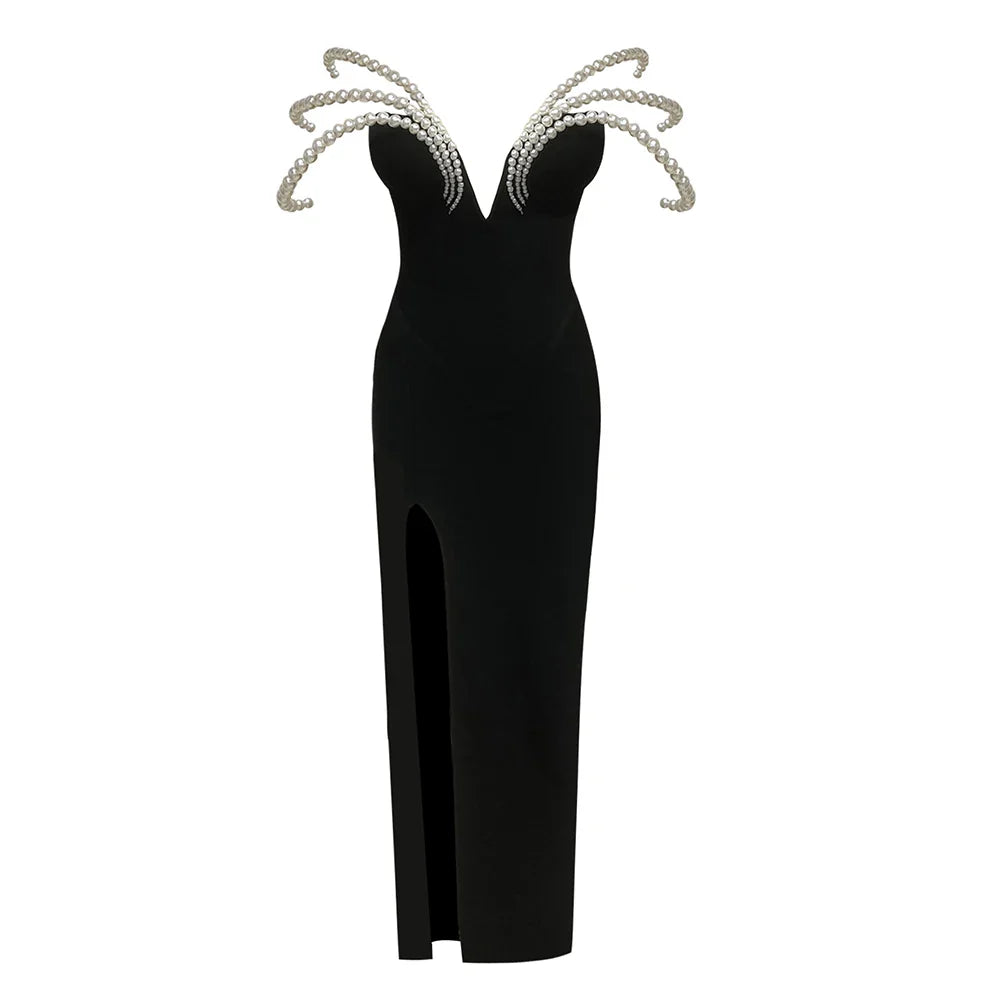 Women Sexy Black Pearl bead Maxi Long Bodycon Bandage Dress Celebrity Elegant Evening Club Party Luxury Birthday Gowns black