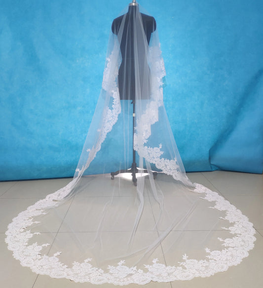 New France Lace Wedding Veil One layer 3 M Bridal Veil Long Lace Veil no Comb