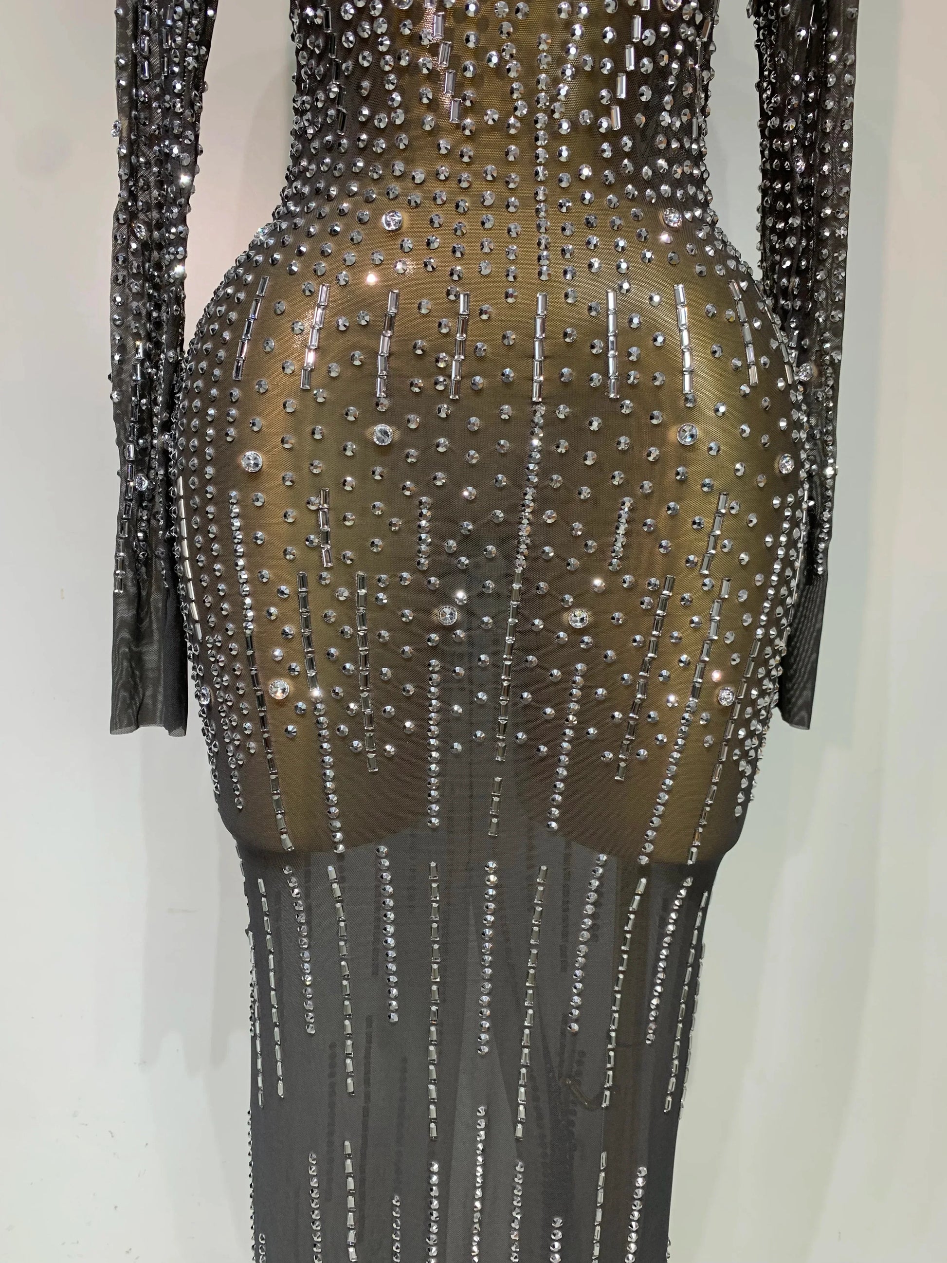 Women Sexy Long Sleeve Mesh See Through Dress Elegant Evening Party Luxury Birthday Club Rhinestone Performance Costume