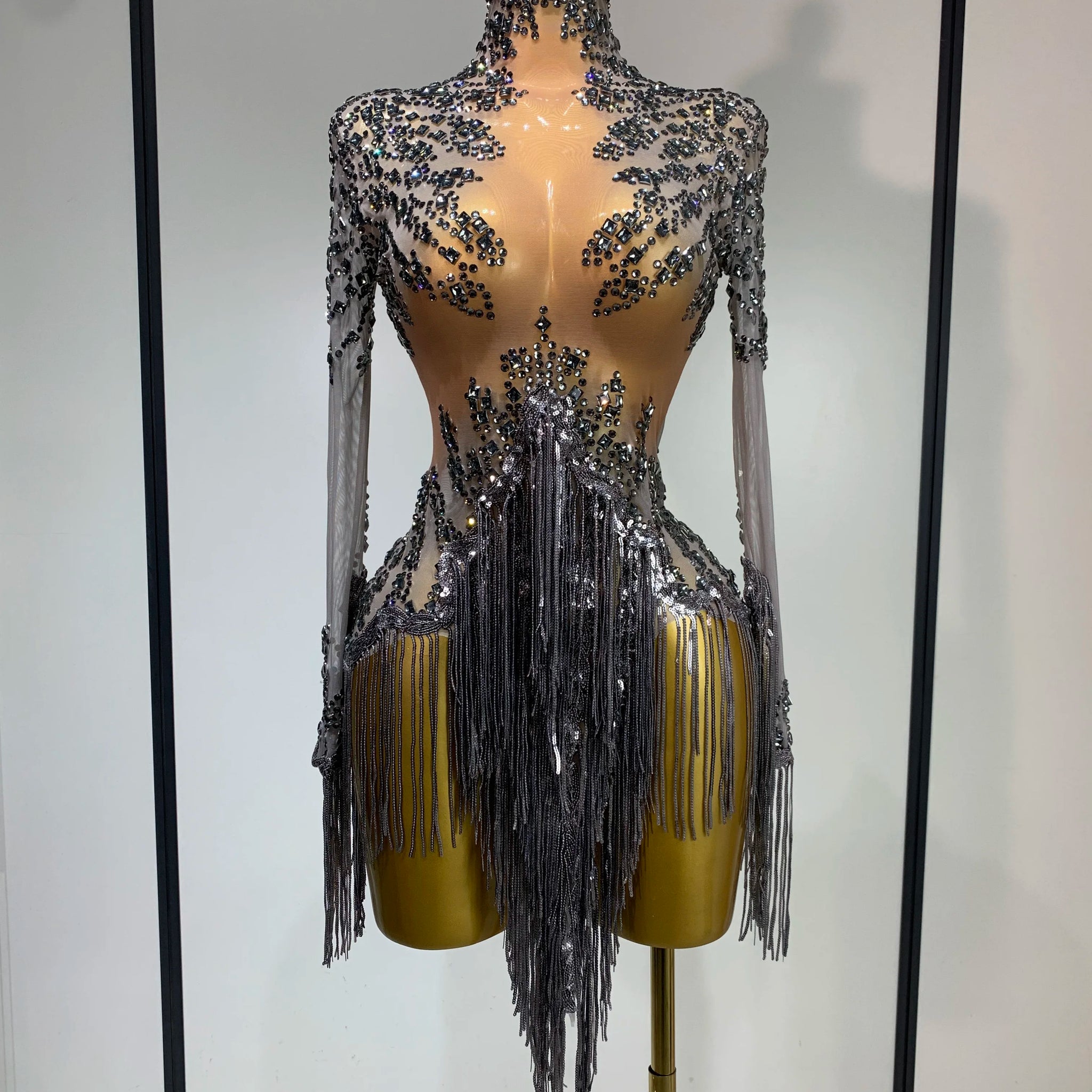 Women Sexy Long Sleeve Diamond Tassel Dress Nightclub Performance Stage Costume Celebrity Evening Party Luxury Birthday Dress Dark Grey