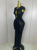 Sexy Sleeveless O-Neck Bodycon Mesh Long Dress Women Hollow Out Celebrate Fashion Show Celebrity Evening Party Club Dress