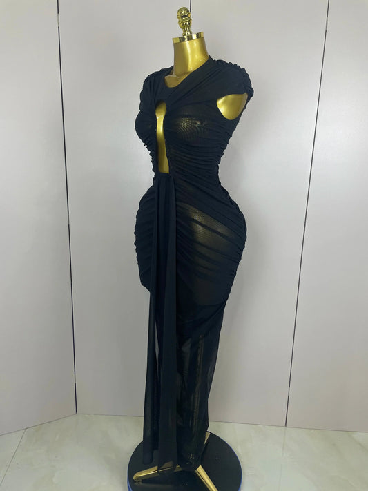 Sexy Sleeveless O-Neck Bodycon Mesh Long Dress Women Hollow Out Celebrate Fashion Show Celebrity Evening Party Club Dress