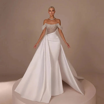 Elegant Off-the-Shoulder Mermaid Wedding Dress with Beadings, Boho Beach Bridal Gown, Customizable Fit White