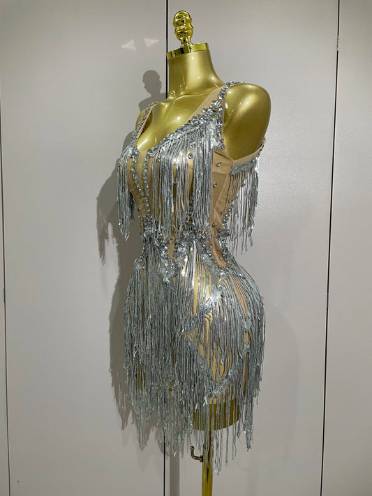 Sparkly Rhinestone Tassels Sexy Mesh Mini Dress Women Evening Birthday Party Dresses Nightclub Performance Stage Costume