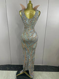 Luxury Crystals Diamonds Slit elegant Sheath Fishtail Dress Women Sexy Evening Party Performance Photoshoot Stage Dress