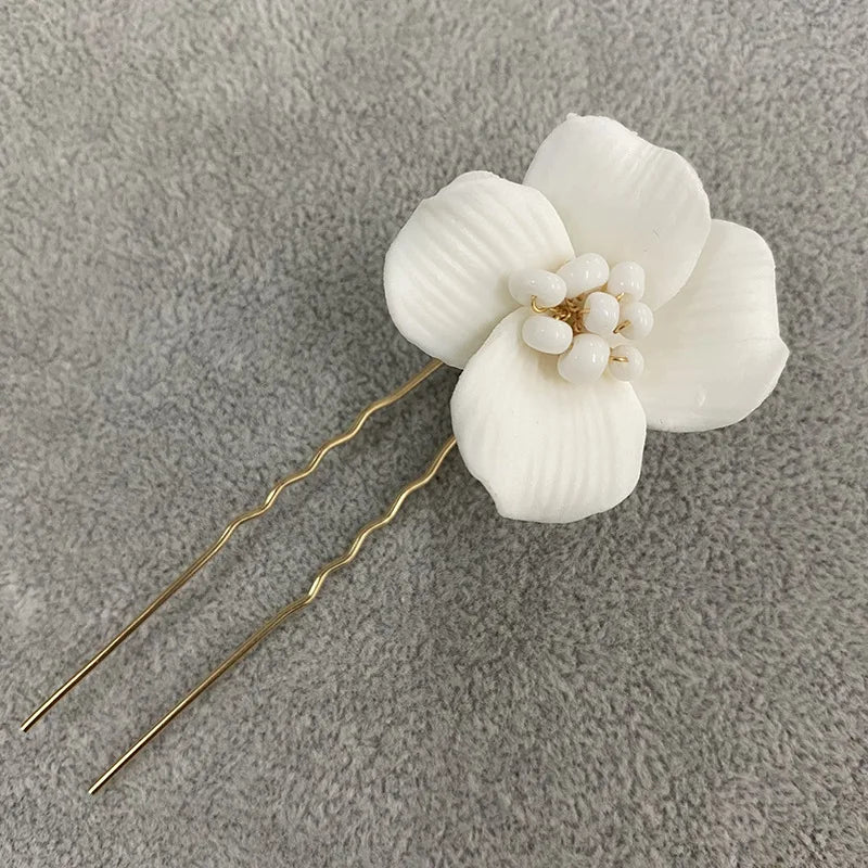 Porcelain Flower Hairpins White Floral Hair Pins Clips For Brides Bridesmaids Head Pieces Wedding Accessories Bridal Jewelry