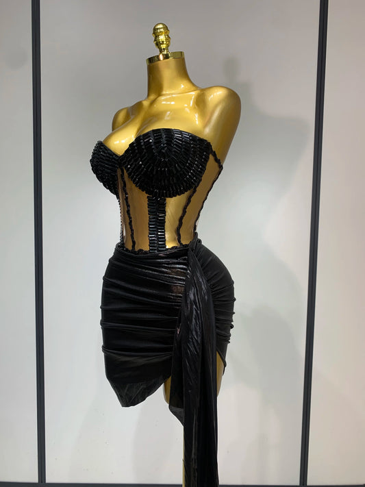Sexy Fashion Black Rhinestones Two piece Set Women Celebrate Evening Birthday Party Dance Show Stage Performance Costume