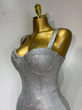 Women Sleeveless Sexy Silver V Neck Bodycon Midi Bandage Dress Celebrate Nightclub Party Birthday Dress Wedding Guest Dress