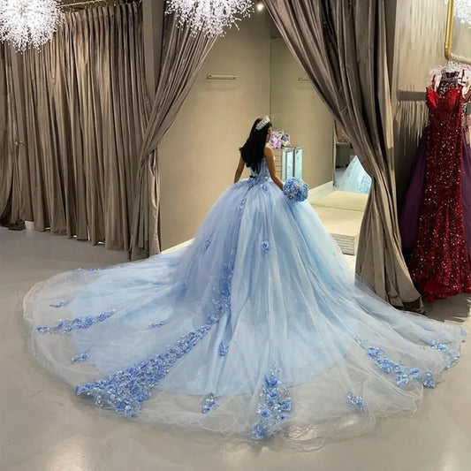 Sky Blue Sweetheart Quinceañera Vestidos Flores 3D Apliques De Encaje Robes De Soirée Vestidos De 15 Anos Corset Back