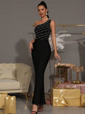 Elegant Women Nail Bead Design Bandage Dress One Shoulder Sleeveless Bodycon Long Dress Cocktail Evening Club Party Vestido