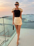 2024 New Fashion Women Puff Sleeve Sexy Square Collar Bodycon Mini Dress Celebrate Birthday Party Cocktail Dress Vestido Khaki