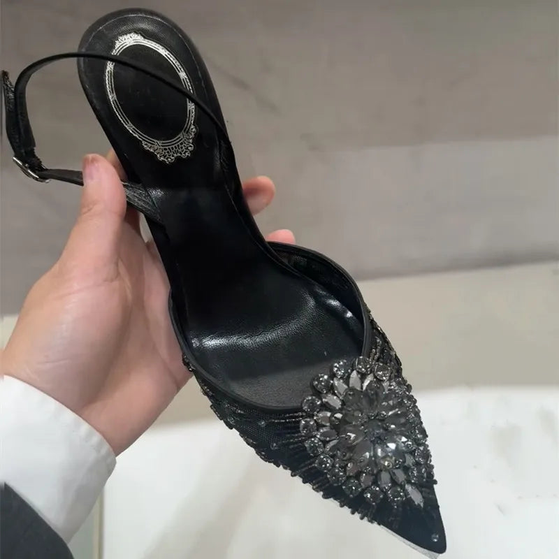 Luxury Diamond Pearls Lace Mesh Women Pumps Elegant Pointed toe Thin High heels Fashion Summer Slingbacks Wedding Party Shoes Black