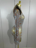 Sexy Singer Stage Drag Queen Costume Women Shiny Rhinestones Transparent Short Dress Birthday Celebrate Photoshoot Dress