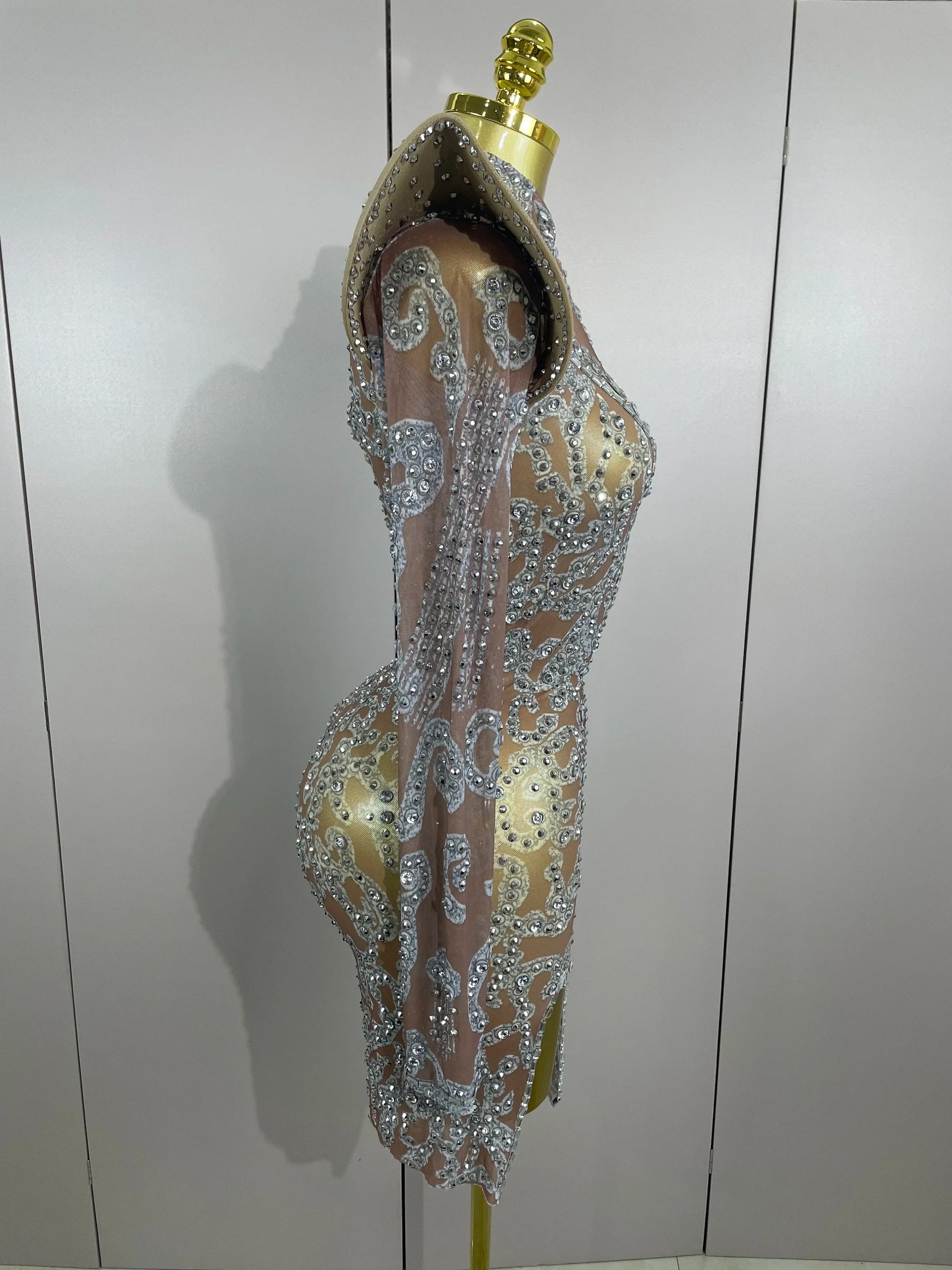Sexy Singer Stage Drag Queen Costume Women Shiny Rhinestones Transparent Short Dress Birthday Celebrate Photoshoot Dress