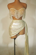 Summer Beading Tassel Sexy See Through STrapless Top And Mini Skirt 2 Pieces Woman Set Party Vestido Performances Costume