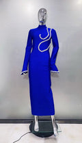 Women Long Sleeve Sexy Shinning Crystal Bodycon Long Bandage Dress Celebrate Evening Party Nightclub Outfit Wear Blue