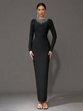 Elegant Women's Light Luxury Hot Diamond Bandage Dress O-neck Long Sleeve Bodycon Black Long Dress Evening Party Vestidos black