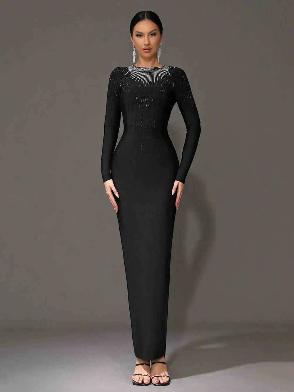 Elegant Women's Light Luxury Hot Diamond Bandage Dress O-neck Long Sleeve Bodycon Black Long Dress Evening Party Vestidos black