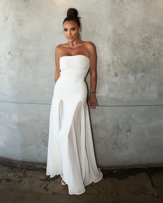 White Black Women Sexy Strapless Off the Shoulder Bodycon Long Mesh Dress Celebrate Evening Party Birthday Wedding Dress
