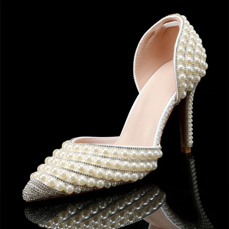 Luxury Handmade Full Pearls Rhinestones Wedding Women Pumps Elegant Pointed toe Bridal Thin High heels Fashion Party Prom Shoes Beige