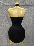 Black Color Women Sexy Strapless Shinning Crystal Bodycon Mini Bandage Dress Necklace Fashion Celebrate Nightclub Party Wear