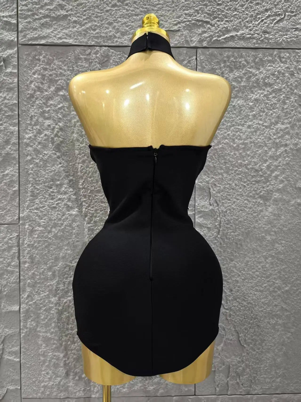 Black Color Women Sexy Strapless Shinning Crystal Bodycon Mini Bandage Dress Necklace Fashion Celebrate Nightclub Party Wear