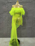 Mesh Ruffles Sexy See Through Bodycon Mini Dress Gloves Celebrate Nightclub Party Birthday Fashion Photo Shoot Wear