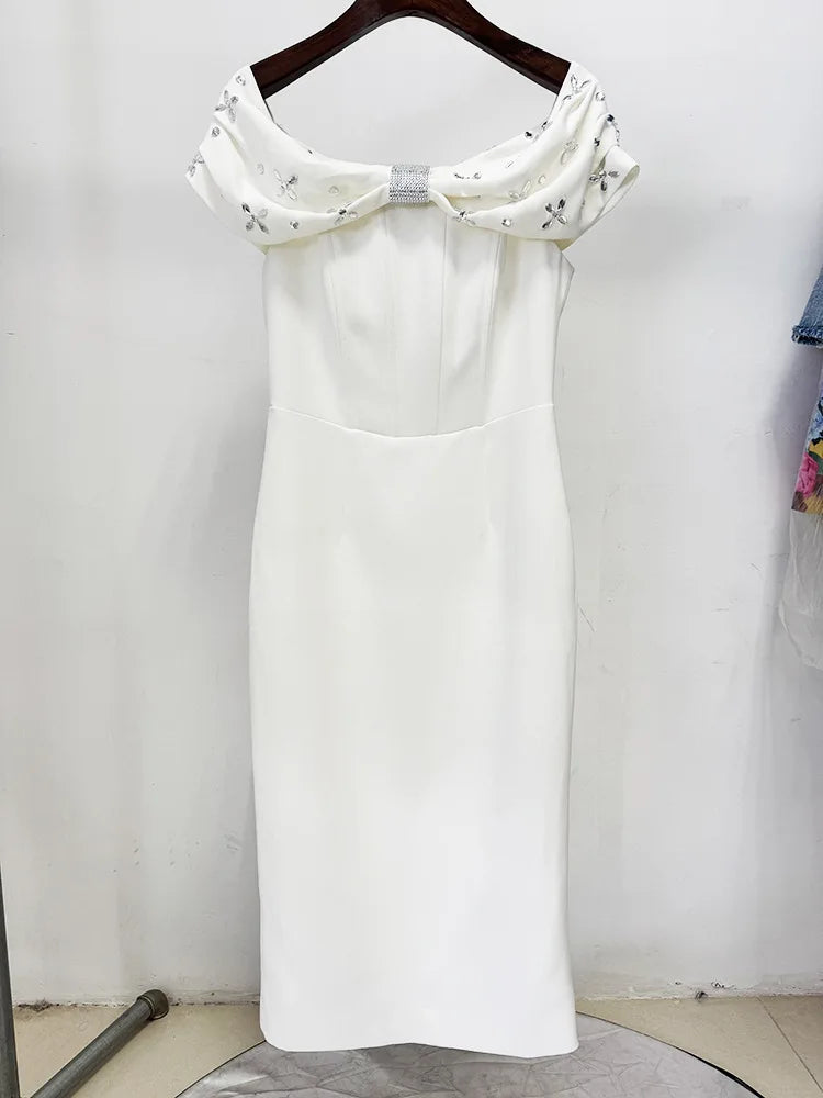 Black White Color Women Sexy Slash Neck Off the Shoulder Bodycon Mid-calf Dress Shinning Crystal Celebrate Evening Party Outfit WHITE