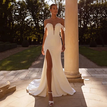 Mermaid Sweetheart Lace Wedding Dress White Ivory Satin Floor-Length Side Slit Boho Beach Bridal Gown Customized Custom Color