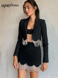 Sexy Women's Light Luxury Diamond Tassel Skirt Set with Flip Collar Long Sleeve Ultra Short Suit Coat+Mini Skirt Two Piece Set