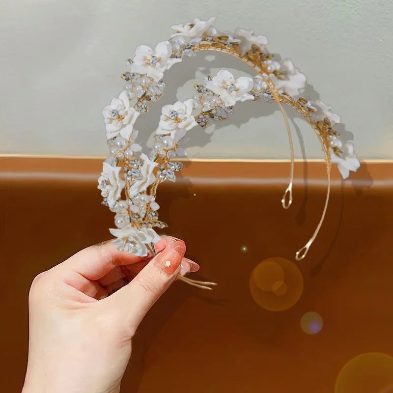 Flower Headband For Women Elegant Pearl Bridal Tiara Hair Hoops For Wedding Hair Accessories Party Bride Hair Jewelry Headdress