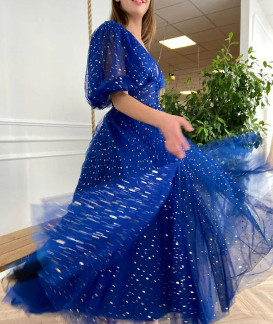 Royal Blue Stary Tulle Midi Prom Dresses Half Sleeves Formal Evening Gowns V-Neck Buttons Slit Wedding Party Dress