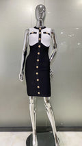 Arrivals Fashionable Women's Bandage Set Golden Buttons White Patchwork Black Coat And Sleeveless Bodycon MIini Dress Dress