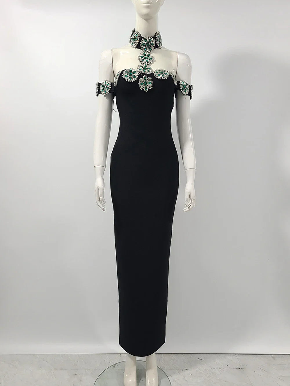 Sexy Women Light Luxury Nail Bead Bandage Dress Hanging Neck Shoulder Short Sleeve Bodycon Long Dress Evening Party Vestido black
