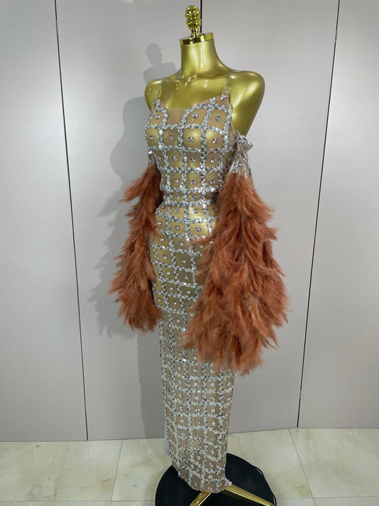 Luxury Sparkling Diamond Feather Mesh Tight Sexy Mesh Long Dress Women Birthday Party Nightclub Stage Performance Costume