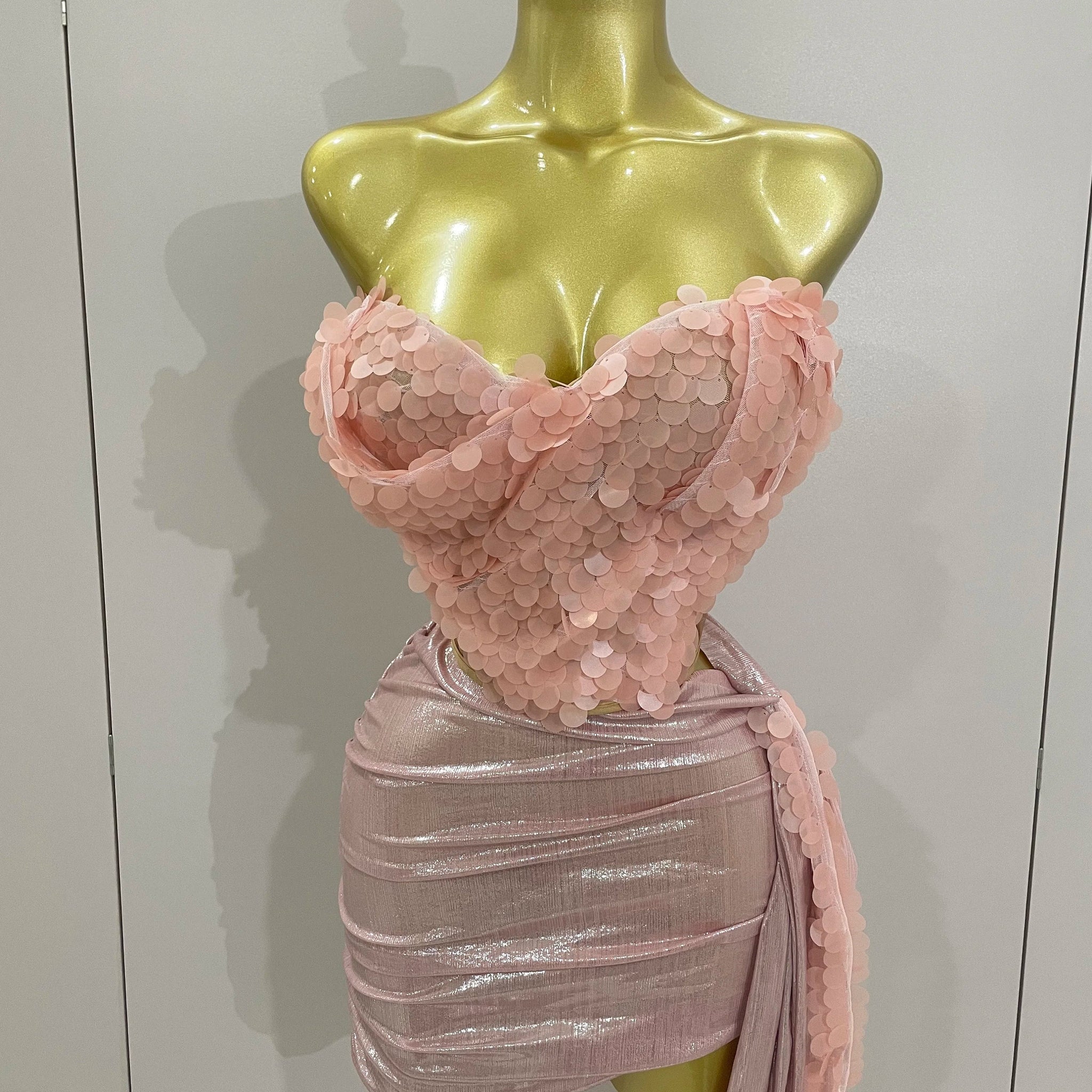 Sexy Pink Sequin Strapless 2 Pieces Bodycon Mini Dress Women Celebrate Birthday Party Bar Singer Nightclub Stage Costume Pink