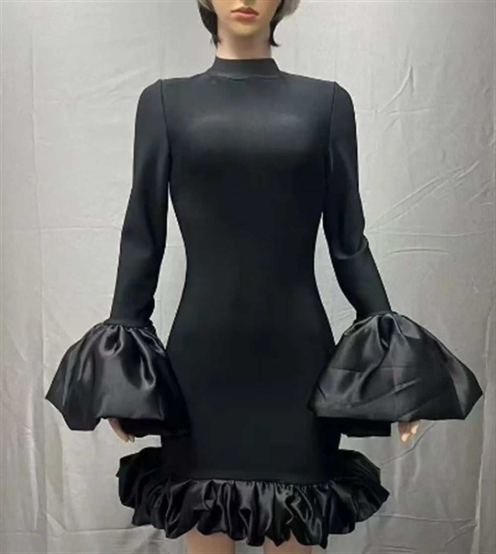 Black Blue Women Long Sleeve Sexy Ruffles Bodycon Mini Bandage Dress Nightclub Party Celebrate Birthday Fashion Outfit Vestido