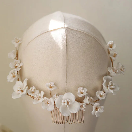 Bridal Jewelry Porcelain Flower Headband Gold Silver Color Hair Comb Pin For Brides Women Headwear Heapieces Wedding Accessories