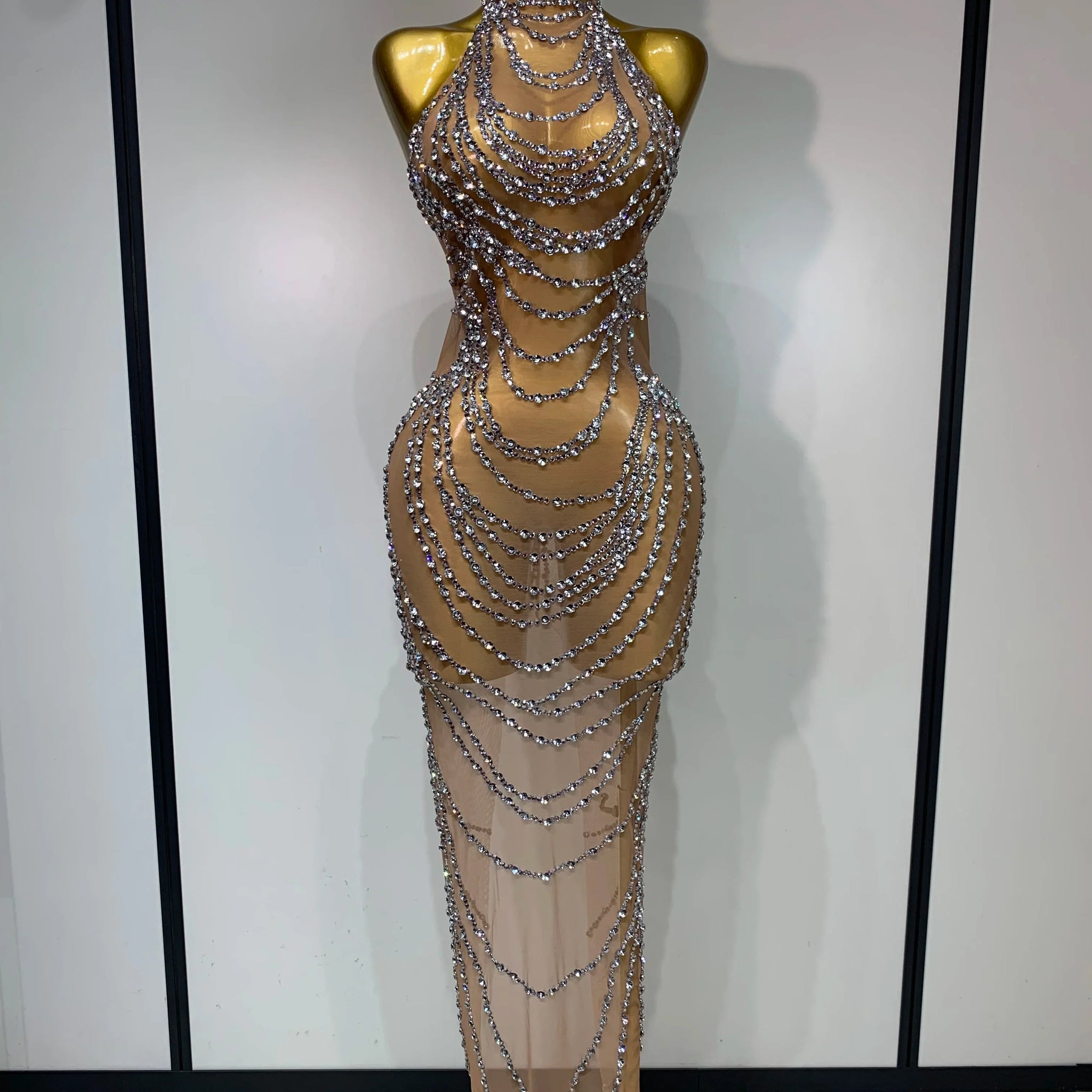 Luxury Rhinestone Sparkly Sexy Transparent Mesh Long Dress Women Birthday Party Gown Stage Singer Performance Costume Silver