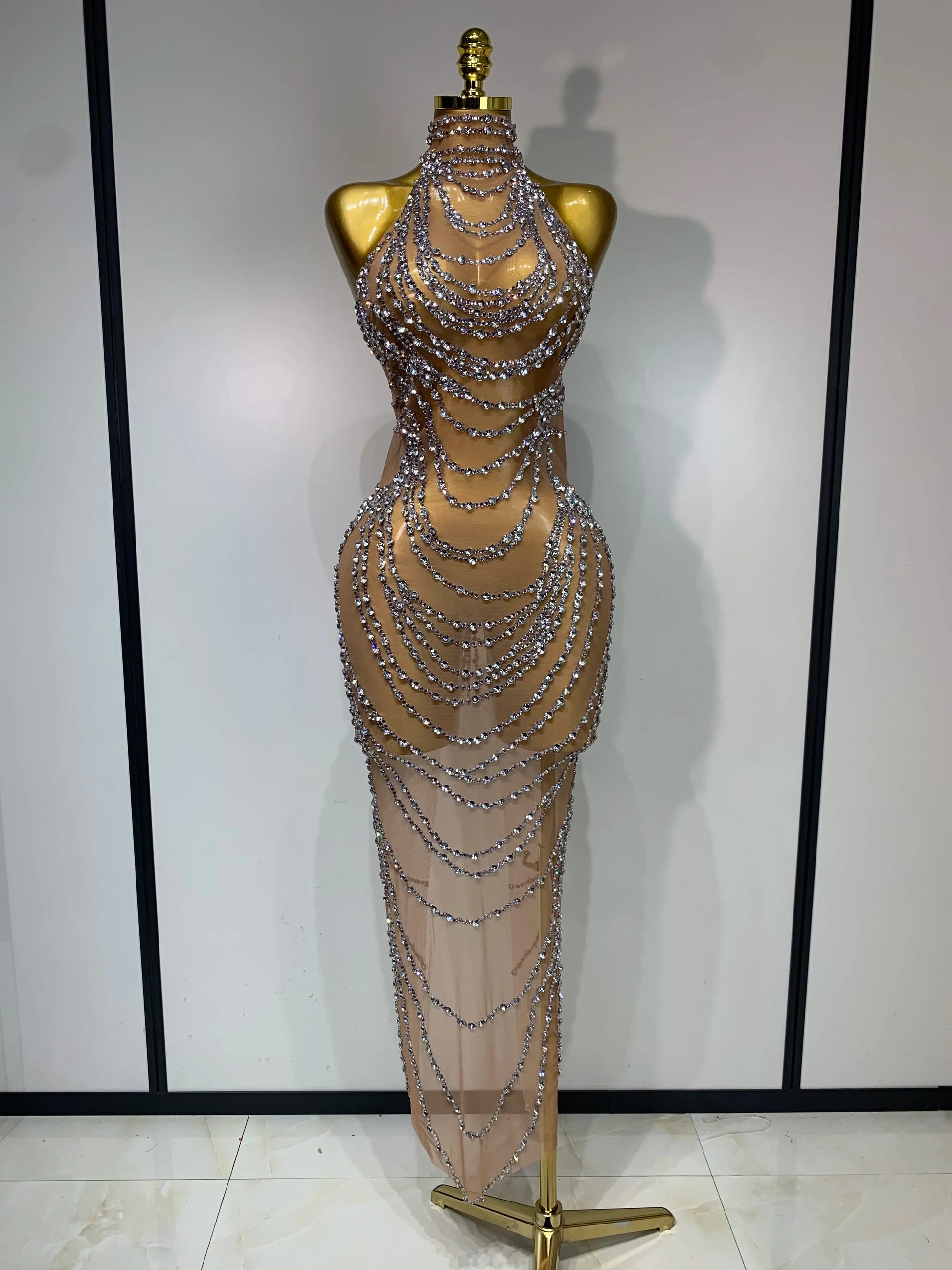 Sparkly Rhinestone Sexy Transparent Mesh Long Dress Women Luxury Birthday Club Party Gown Stage Singer Performance Costume Silver