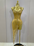 Sparkly Rhinestone V Neck Stretch Mesh Sexy See Through Dress Women Elegant Party Celebrate Perform Costume Stage Outfi Gold