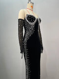 Women Light Luxury Beaded Velvet Dress+Thin Gauntlet Gloves Fashion Bodycon Bareback Sexy Long Dress Evening Party Vestidos