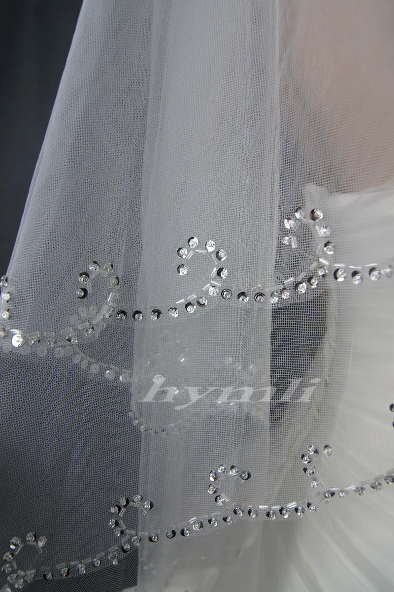 Two-Tier Fingertip Length Hand-Beaded Bridal Veil Wedding Accessory: A Touch of Sparkle and Sophistication for Your Special Day